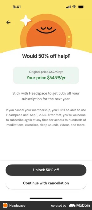 Headspace screen headed Would 50% off help, with Original price $69.99/yr struck through above Your price $34.99/yr in green, a paragraph stating access continues until Sep 1 2025, a filled dark Unlock 50% off button and an outlined Continue with cancellation button below it