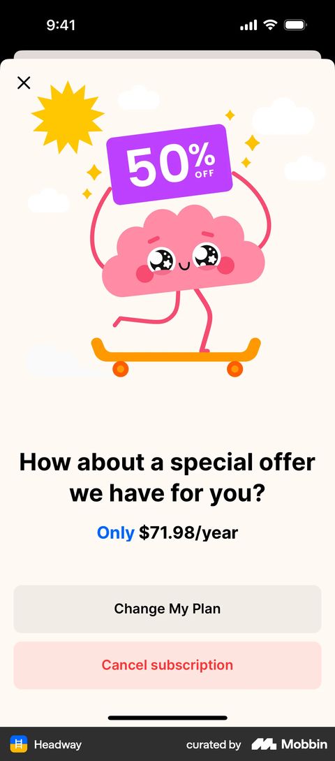 Headway cancellation offer screen headed How about a special offer we have for you, Only 71.98 dollars a year, with a neutral grey Change My Plan pill above a pale pink Cancel subscription pill whose label is set in red