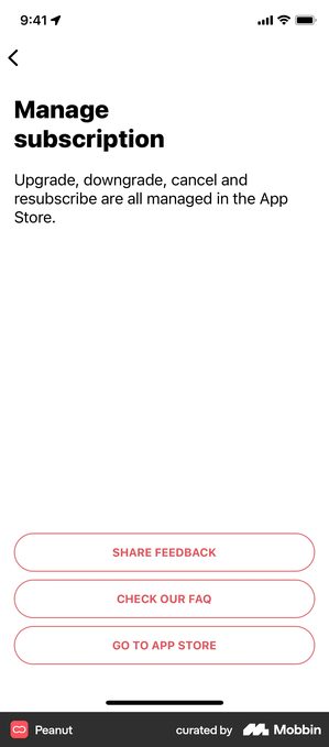 Peanut Manage subscription screen reading Upgrade, downgrade, cancel and resubscribe are all managed in the App Store, above three equally weighted outlined buttons: SHARE FEEDBACK, CHECK OUR FAQ and GO TO APP STORE