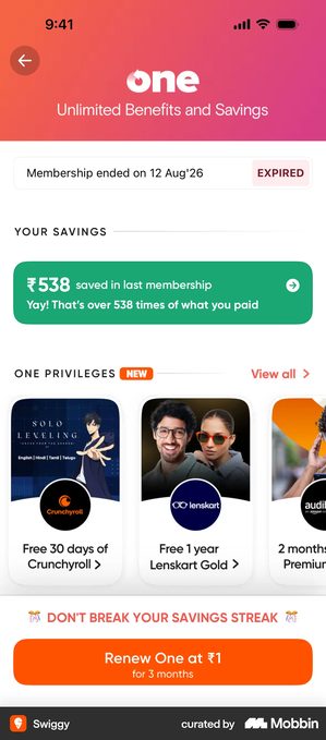 Swiggy One screen headed Unlimited Benefits and Savings. A box reads Membership ended on 12 Aug 26 with an EXPIRED tag. Under the heading YOUR SAVINGS a green card reads 538 rupees saved in last membership, Yay that is over 538 times of what you paid. Below it a row of ONE PRIVILEGES cards offering free 30 days of Crunchyroll, free 1 year Lenskart Gold and 2 months of audible premium, then a line reading DON'T BREAK YOUR SAVINGS STREAK above an orange button reading Renew One at 1 rupee for 3 months