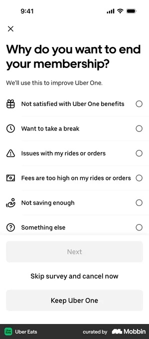 Uber Eats screen headed Why do you want to end your membership, with six reason options unselected, a greyed-out Next button, a plain-text Skip survey and cancel now link, and a light grey Keep Uber One button