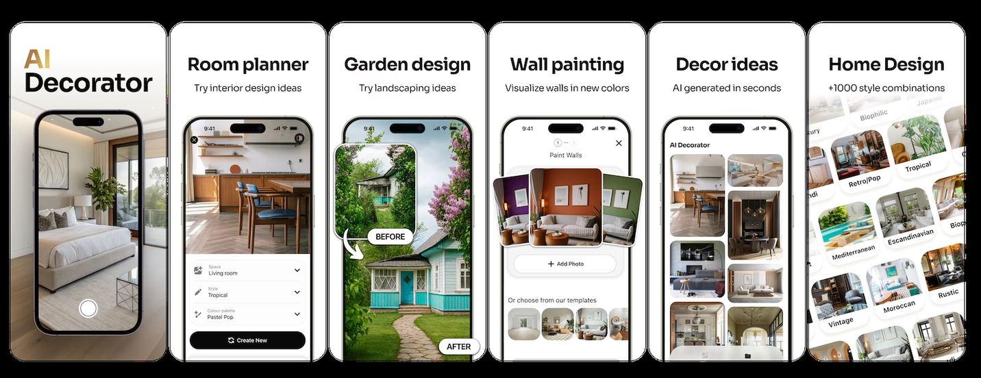 AI Decorator App Store screenshots: six white frames each carrying a bold two word heading over a lighter one line subhead, reading Room planner over Try interior design ideas, Garden design over Try landscaping ideas, Wall painting over Visualize walls in new colors, Decor ideas over AI generated in seconds, and Home Design over plus 1000 style combinations, with the third frame showing a BEFORE and AFTER label on one garden image