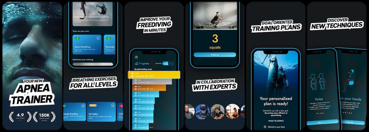 Apnea Trainer App Store screenshots after the redesign: a first frame filled with a photograph of a freediver's face underwater and the words YOUR NEW APNEA TRAINER in angled white blocks, with laurels reading 4.9 average rating and 150K breath holds worldwide, then five frames captioned Breathing exercises for all levels, Improve your freediving in minutes, In collaboration with experts, Goal oriented training plans and Discover new techniques, with the phone screens cropped so they run off the edge of each frame