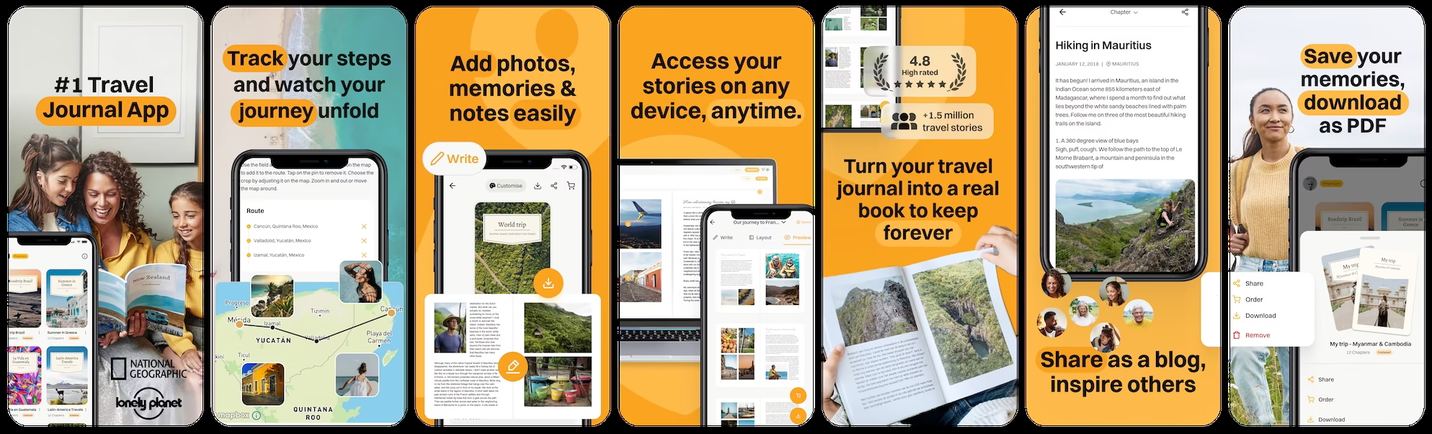 Travel Diaries App Store screenshots after the redesign: seven frames captioned Track your steps and watch your journey unfold, Add photos memories and notes easily, Access your stories on any device anytime, Turn your travel journal into a real book to keep forever and Save your memories download as PDF, with a 4.8 High rated laurel and a plus 1.5 million travel stories badge inside one frame, and the National Geographic and Lonely Planet logos enlarged in the first frame