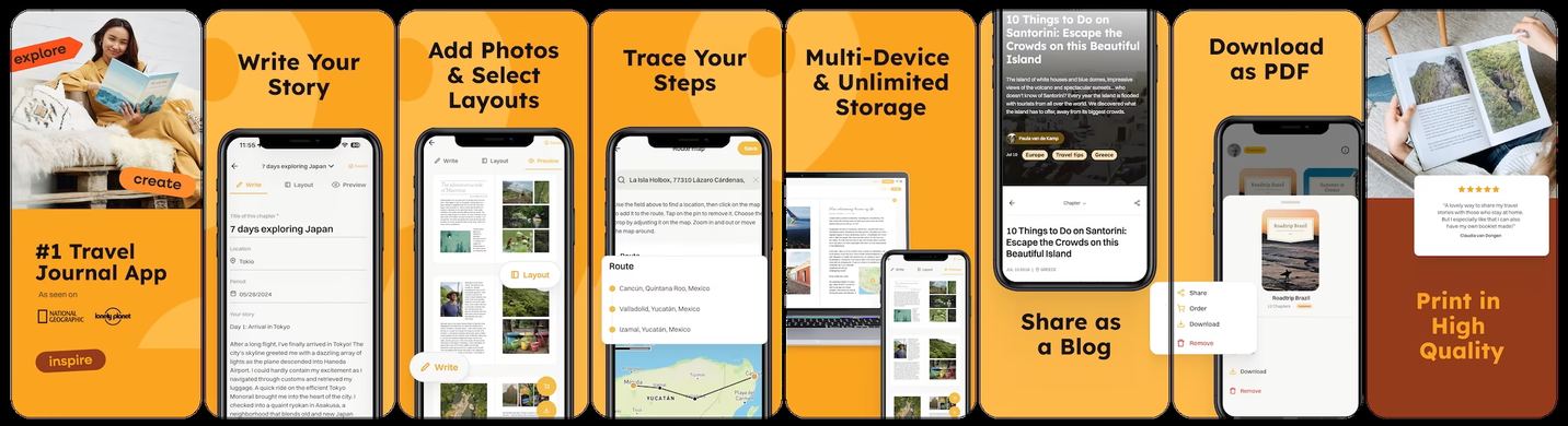 Travel Diaries App Store screenshots before the redesign: eight orange frames captioned Write Your Story, Add Photos and Select Layouts, Trace Your Steps, Multi-Device and Unlimited Storage, Download as PDF, Share as a Blog and Print in High Quality, with a first frame carrying the line number one Travel Journal App and small National Geographic and Lonely Planet logos