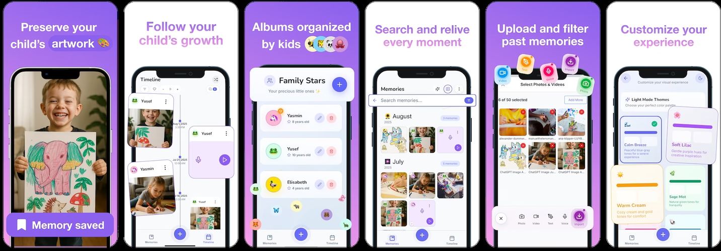 VaultIt App Store screenshots after the redesign: six frames captioned Preserve your child's artwork, Follow your child's growth, Albums organized by kids, Search and relive every moment, Upload and filter past memories and Customize your experience, with the interface now populated by named children Yusef, Yasmin and Elisabeth with their ages, and the final frame showing four named colour themes Calm Breeze, Soft Lilac, Warm Cream and Sage Mist