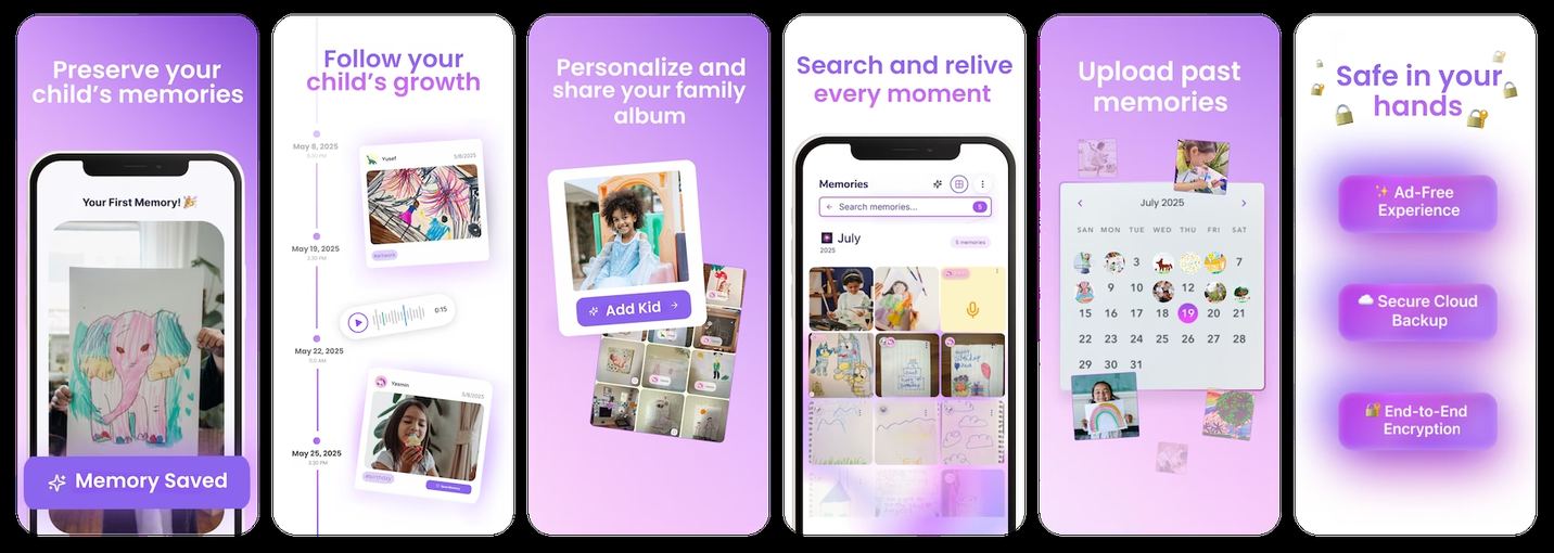 VaultIt App Store screenshots before the redesign: six purple frames captioned Preserve your child's memories, Follow your child's growth, Personalize and share your family album, Search and relive every moment, Upload past memories and Safe in your hands, the last showing three pill shaped benefits reading Ad-Free Experience, Secure Cloud Backup and End-to-End Encryption