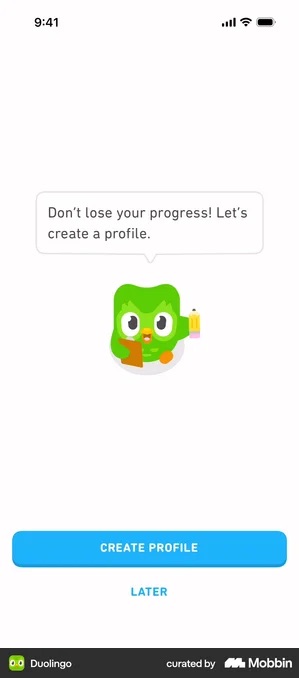 Duolingo screen with a speech bubble reading Don't lose your progress! Let's create a profile, the owl mascot below it, a full-width blue CREATE PROFILE button near the bottom, and the word LATER in blue capitals directly underneath with no button around it