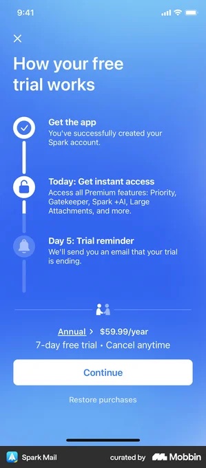 Spark Mail blue paywall headed How your free trial works, with a three-step vertical timeline: a ticked circle beside Get the app, You've successfully created your Spark account; a padlock beside Today: Get instant access; a bell beside Day 5: Trial reminder. Below, an Annual row at $59.99/year, the line 7-day free trial · Cancel anytime, a white Continue button and a Restore purchases link